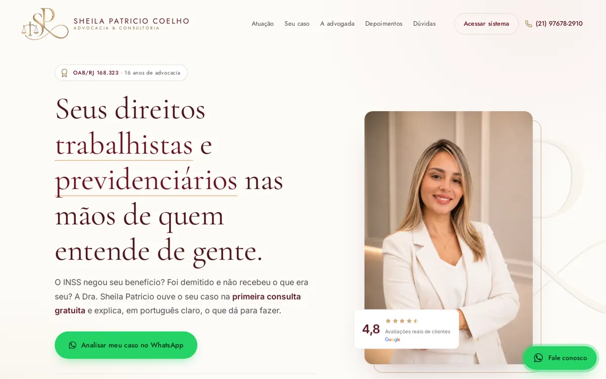 Página inicial do site Sheila Patricio Advocacia